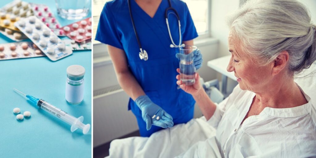 Läkemedel och en äldre kvinna får tabletter av en sköterska. På äldreboenden ordineras ofta flera läkemedel, även antibiotika och smärtstillande tabletter