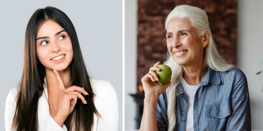 En ung kvinna tänker och en glad pensionär