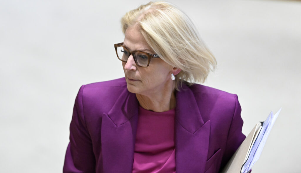 Finansminister Elisabeth Svantesson (M), under budgetdebatten i riksdagen med anledning av budgetpropositionen för 2026 och höständringsbudgeten för 2025