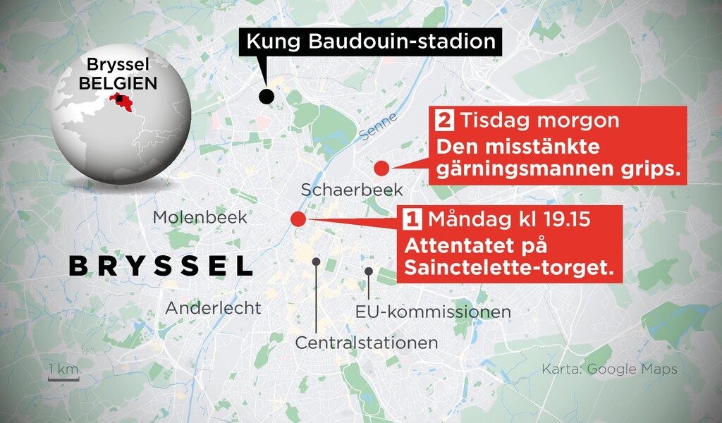 Kartan visar var attentatet i Bryssel skedde under måndagen samt var den misstänkte gärningsmannen greps under tisdagsmorgonen.